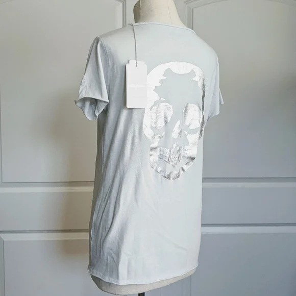 Zadig & Voltaire Tee Tunisien MC Skull V-Neck Short Sleeve Metallic Grey M NWT - Picture 10 of 16